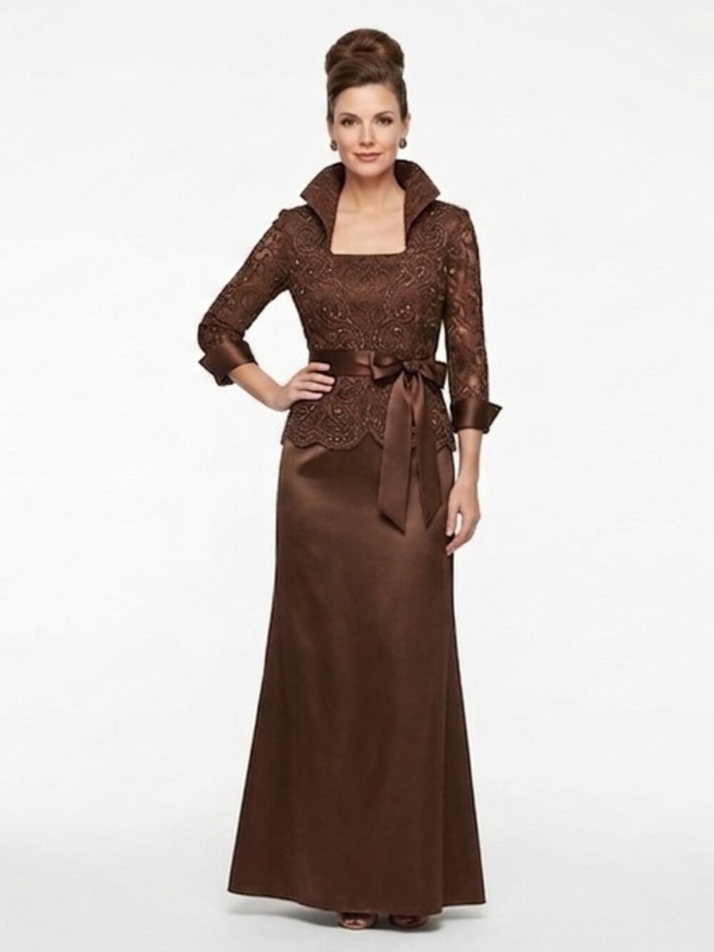 Montage Faux 2 Piece "Cocoa" Beaded Gown w/Jacket NEW- Sz. 8